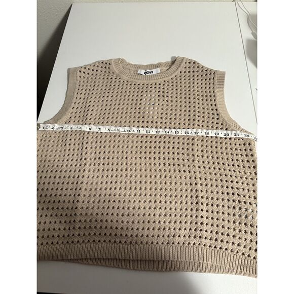 DKNY Tan Open Knit Sweater Vest | Sleeveless Cotton Layering Pullover - Picture 6 of 6